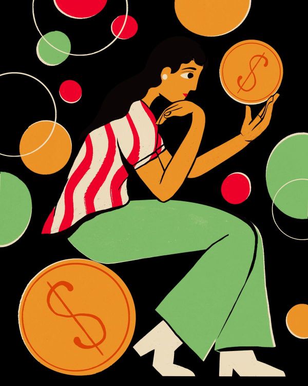An illustration of a woman sitting on a giant coin, holding a giant coin.