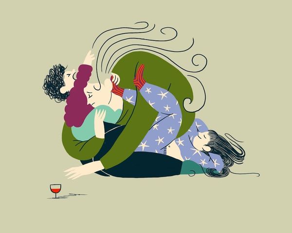 Simplistic illustration of a tired woman reaching for a glass of wine as her two children climb over her and pull her hair.