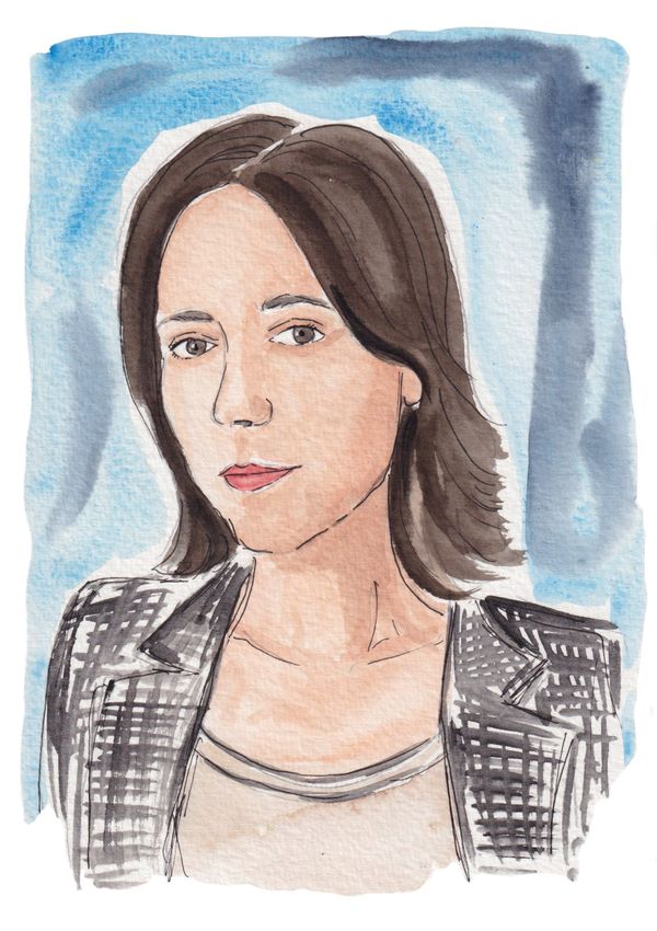 Watercolor painting shows Lorissa Rinehart with dark, shoulder-length hair, wearing a black jacket.