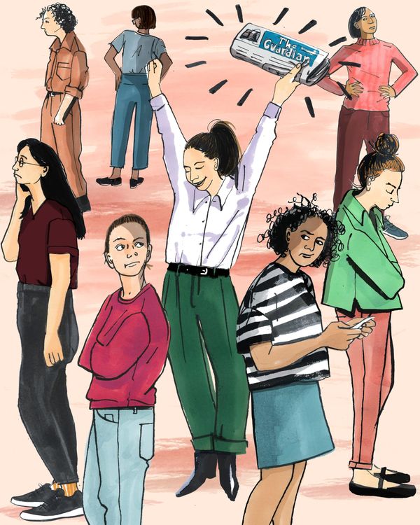 An illustration of a woman happily holding aloft a Guardian newspaper. Others around her are ignoring her or looking grumpy.