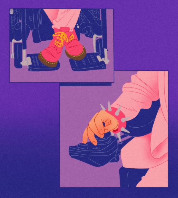 An illustration of pink Doc Martin boots on the footrest of a powerchair; a close-up of a hand wearing a spiky bracelet operating a powerchair 