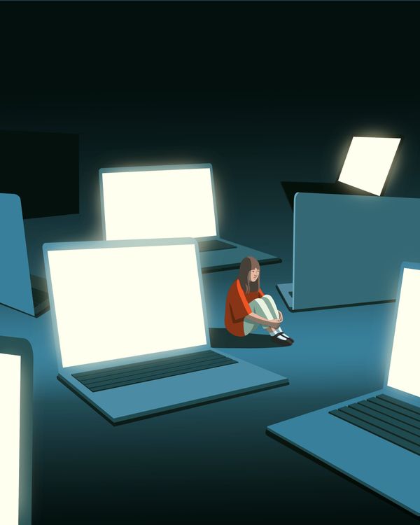Illustration. A woman sits in the fetal position in a room full of giant, open, glowing laptops.