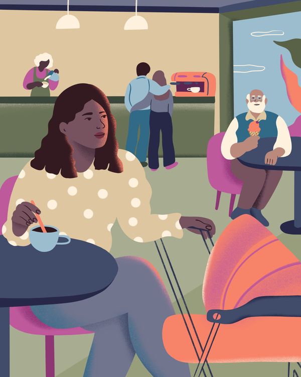 Illustration in which a woman sits at a cafe table with her stroller while people mill around behind her.