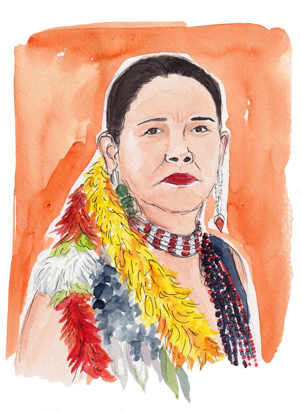 Watercolor of Shirley Djukurnã Krenak, a woman with black hair, wearing beads and brightly colored hair ornaments.