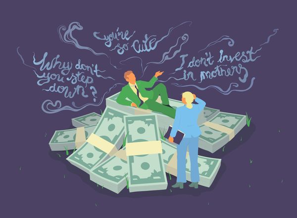 An illustration of a man sitting on a heap of money with quotes like "you're so cute." A woman in a power suit, looks on.