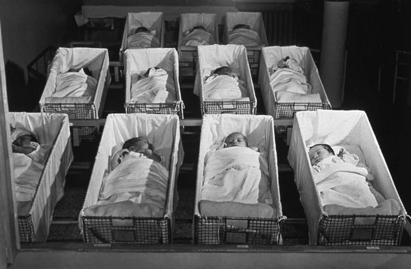 Black and white photo of an old hospital nursery, with newborns in little bassinets arranged in rows.