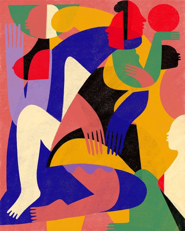 Illustration in rich cobalts, salmons, mustards and greens showing a tangle of hands, feet, breasts, faces and arms.