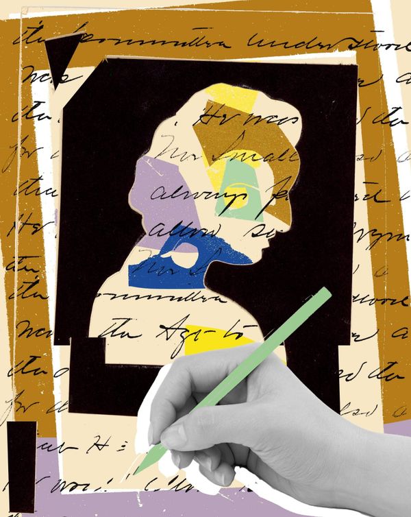 A collage illustration of a hand holding a pencil writing words, layered over a woman's face in profile.