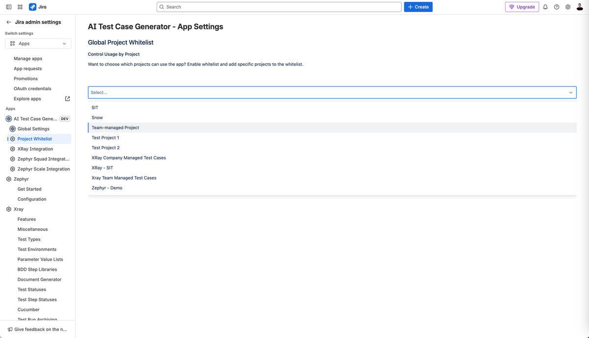 Control Usage with Project Whitelisting for AI Test Case Generator for Jira