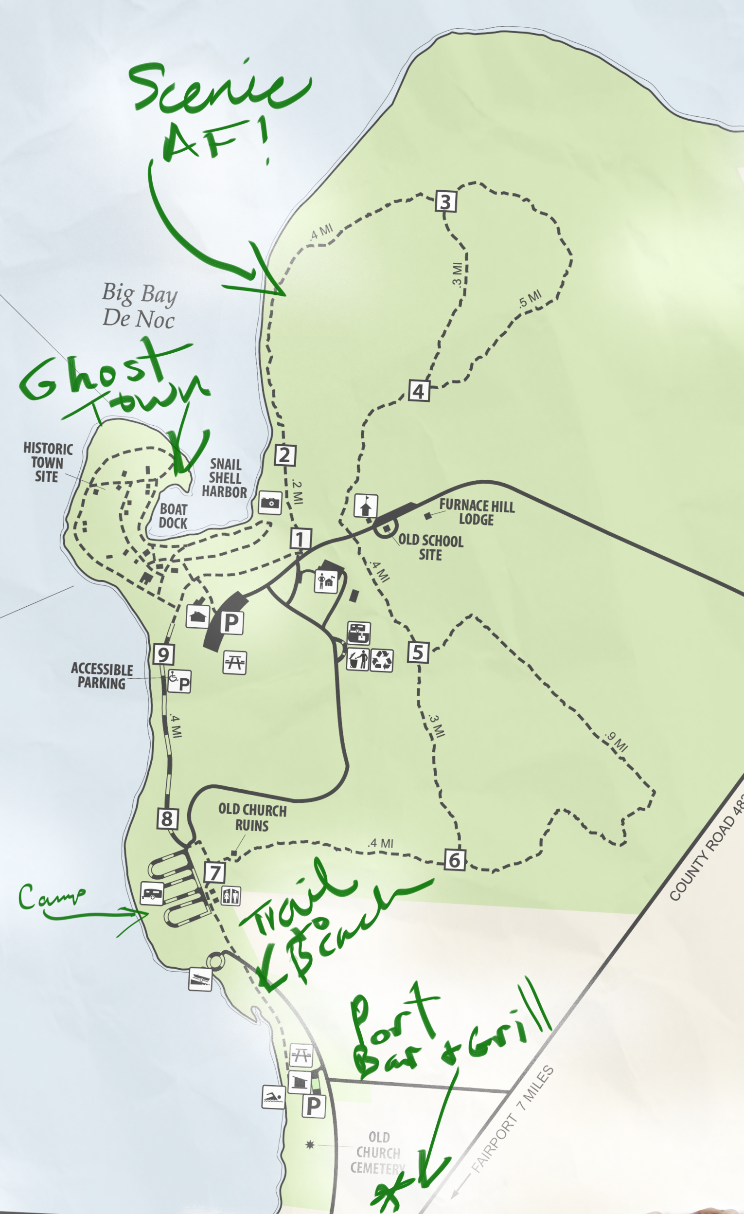 A map detailing top features at Fayette Historic State Park