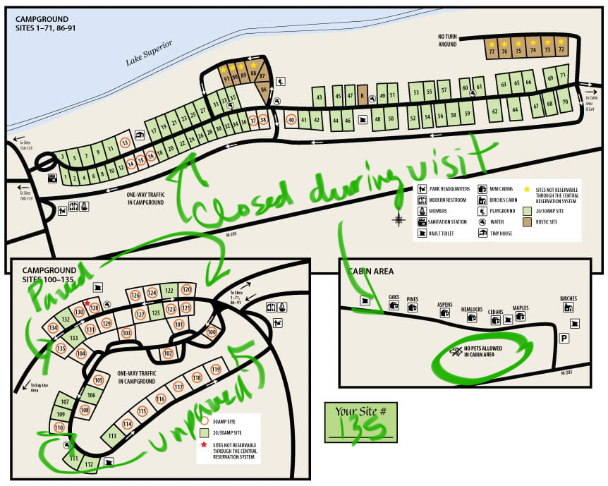 An annotated map of the campground at McLain State Park, showing which site are paved