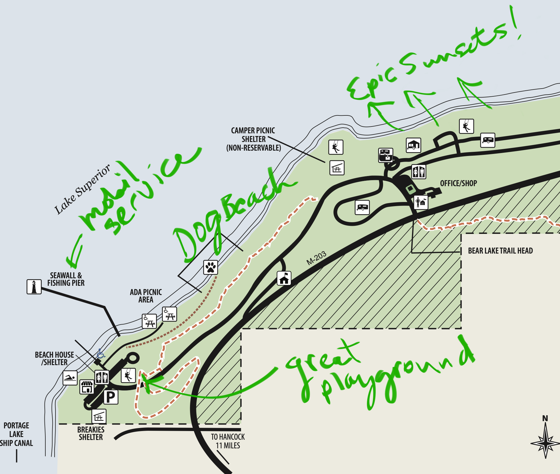 Annotated map of F.J. McLain State Park showing campground loops and day use beach