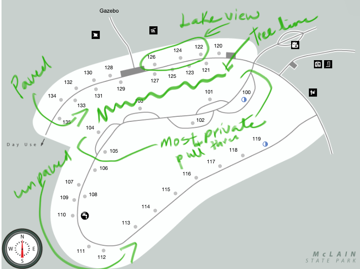 An annotated map of campsites at McLain State Park