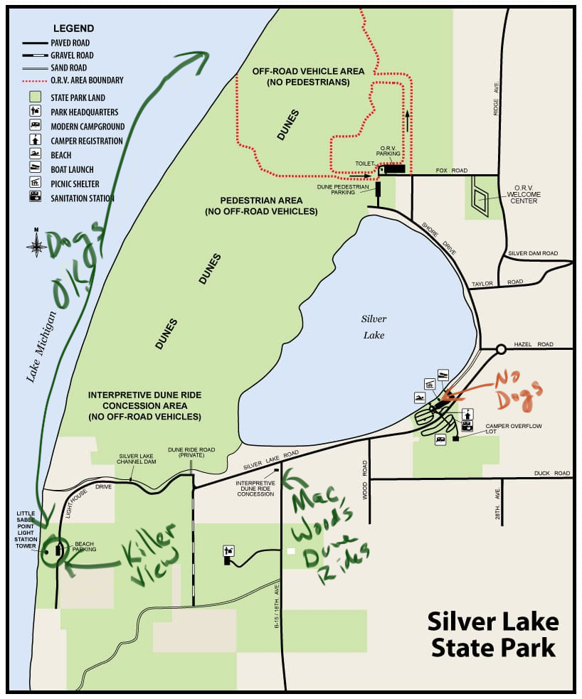 A map of Silver Lake State Park with notes