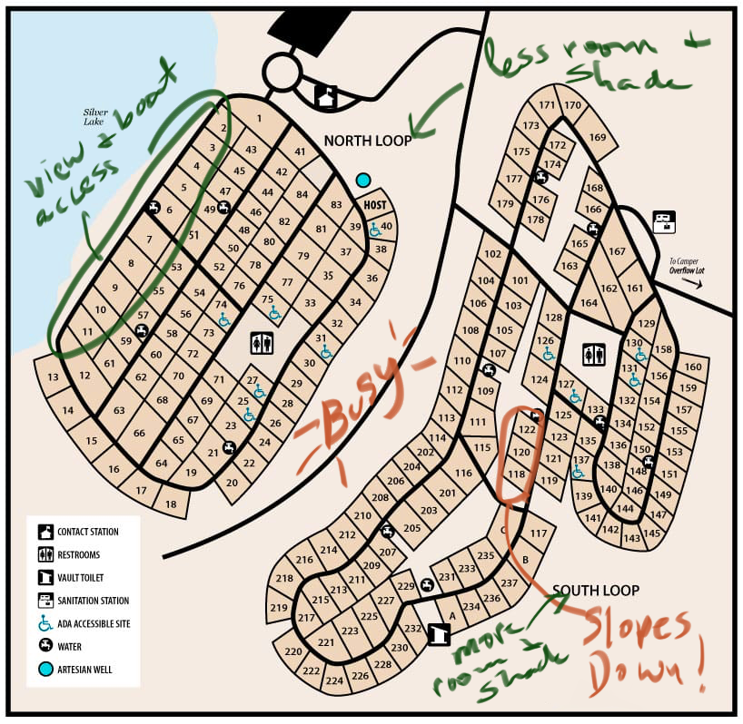 A map of Silver Lake State Park with notes