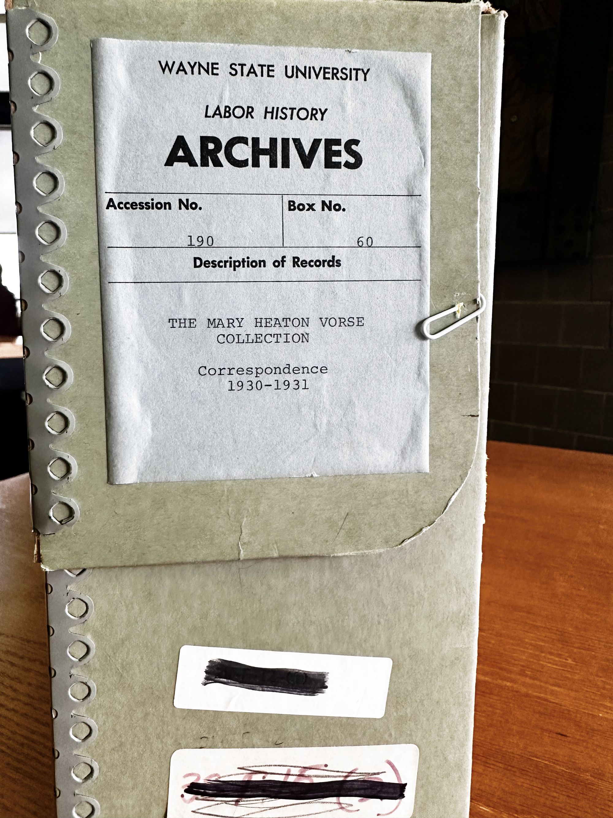 One of dozens of boxes in the Mary Heaton Vorse papers, at the Walter P. Reuther Library