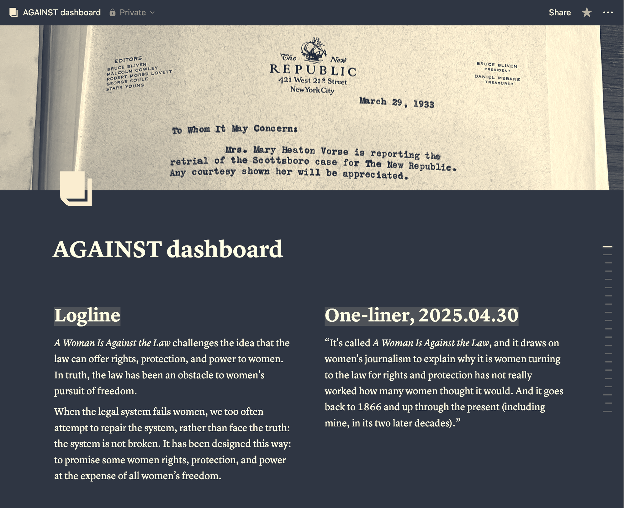 screenshot of a page on Notion, "AGAINST dashboard," with the book's logline and one-liner