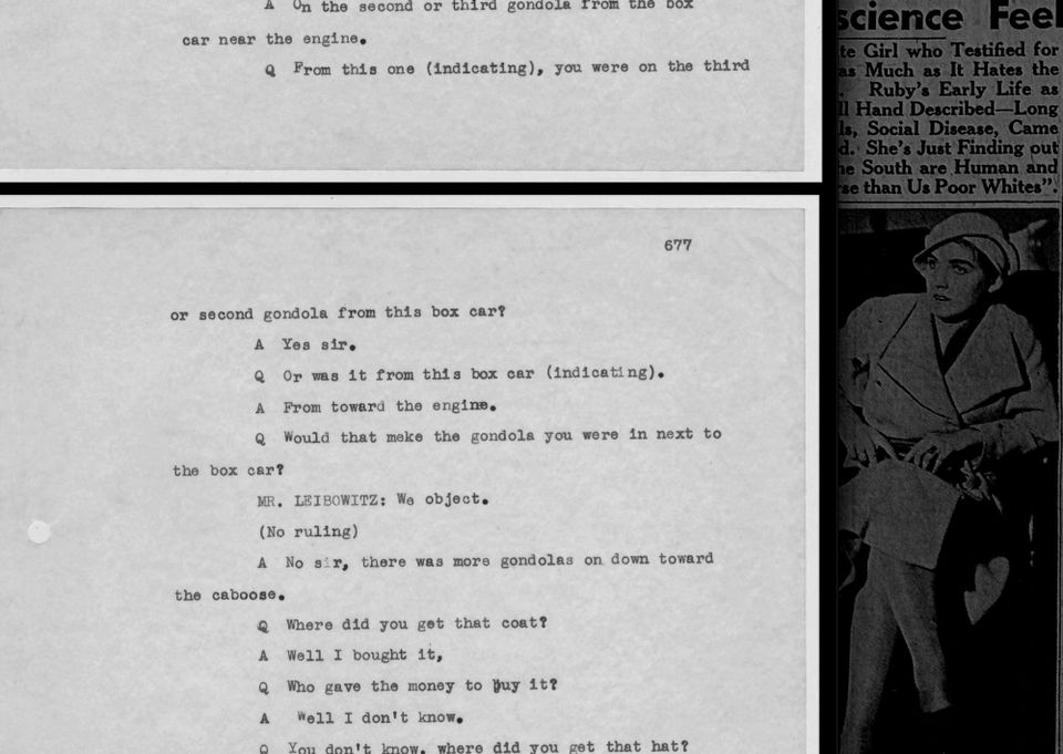 A typewritten court transcript overlaying a newspaper clipping with a photo of a woman gazing off at the document