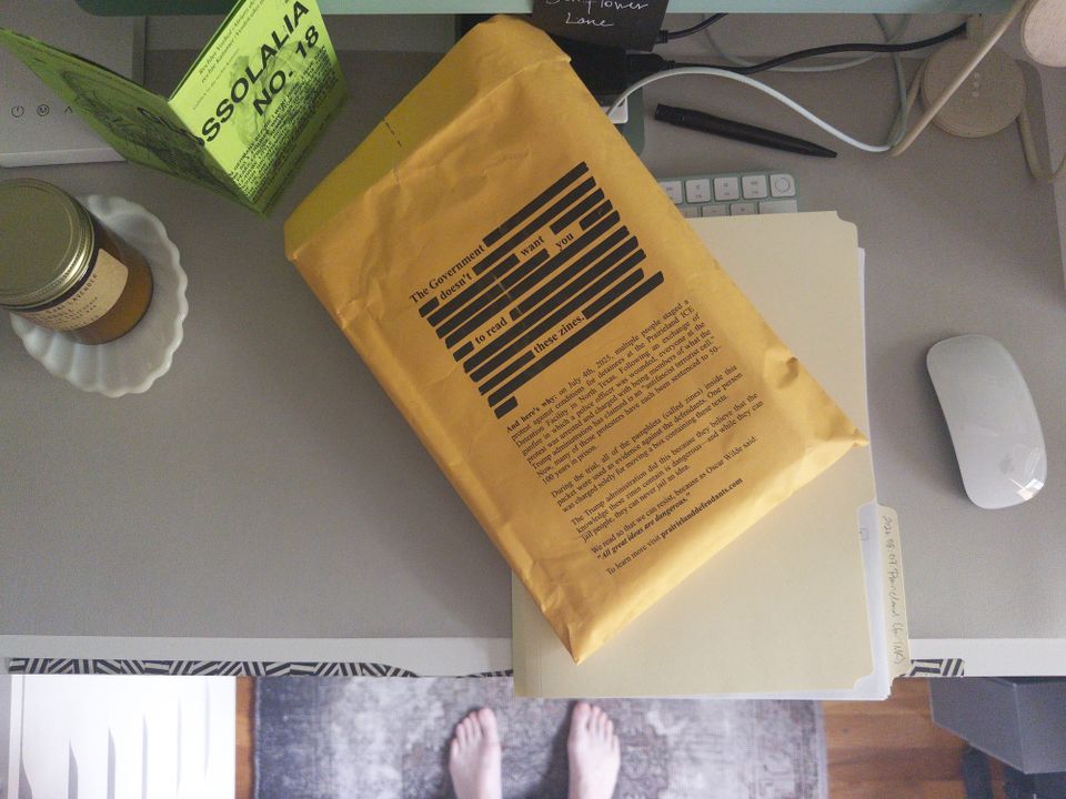 my desktop: an archival folder rests on a pearl grey desk mat, with a large manilla envelope with blacked out text on top: THE GOVERNMENT DOESN'T WANT YOU TO READ THESE ZINES 