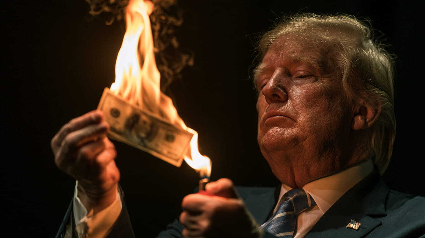 Burning one hundred dollar bill and play button