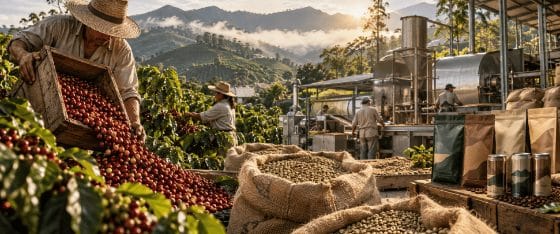 Coffee workers sorting red coffee beans.