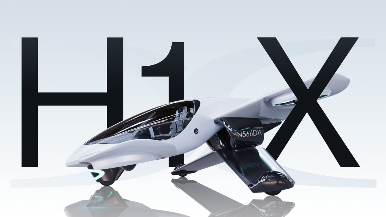 Futuristic white flying car with H1X text