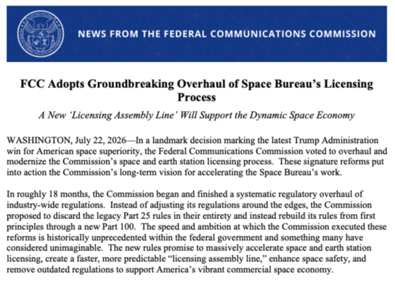 FCC press release on Space Bureau licensing overhaul