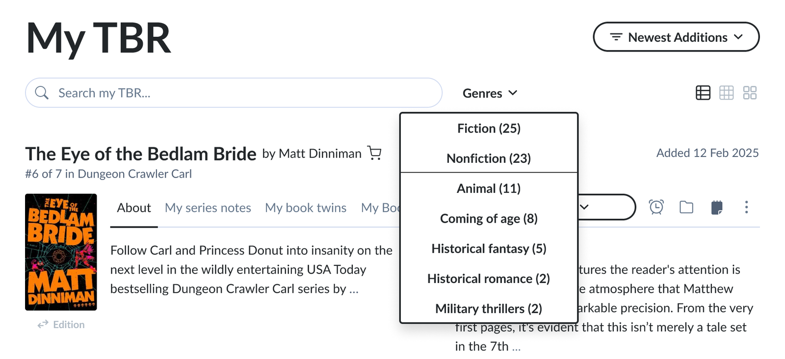 Add a genre filter to TBR and Log.