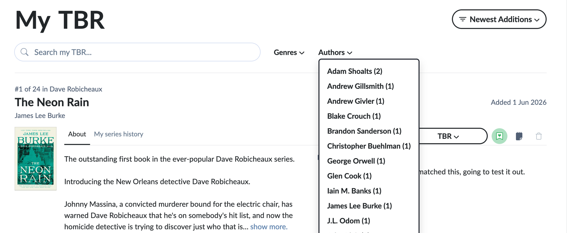 Add a genre and author filter to the TBR and Log pages.