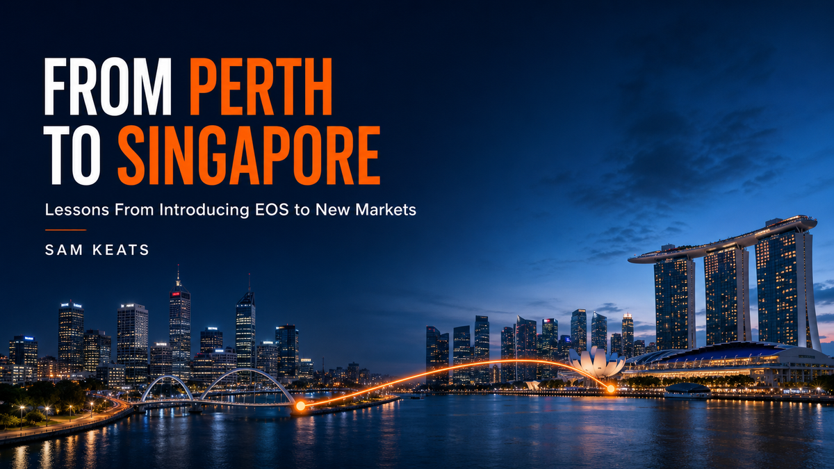Perth and Singapore skylines representing Sam Keats’ experience implementing EOS with leadership teams in both markets.