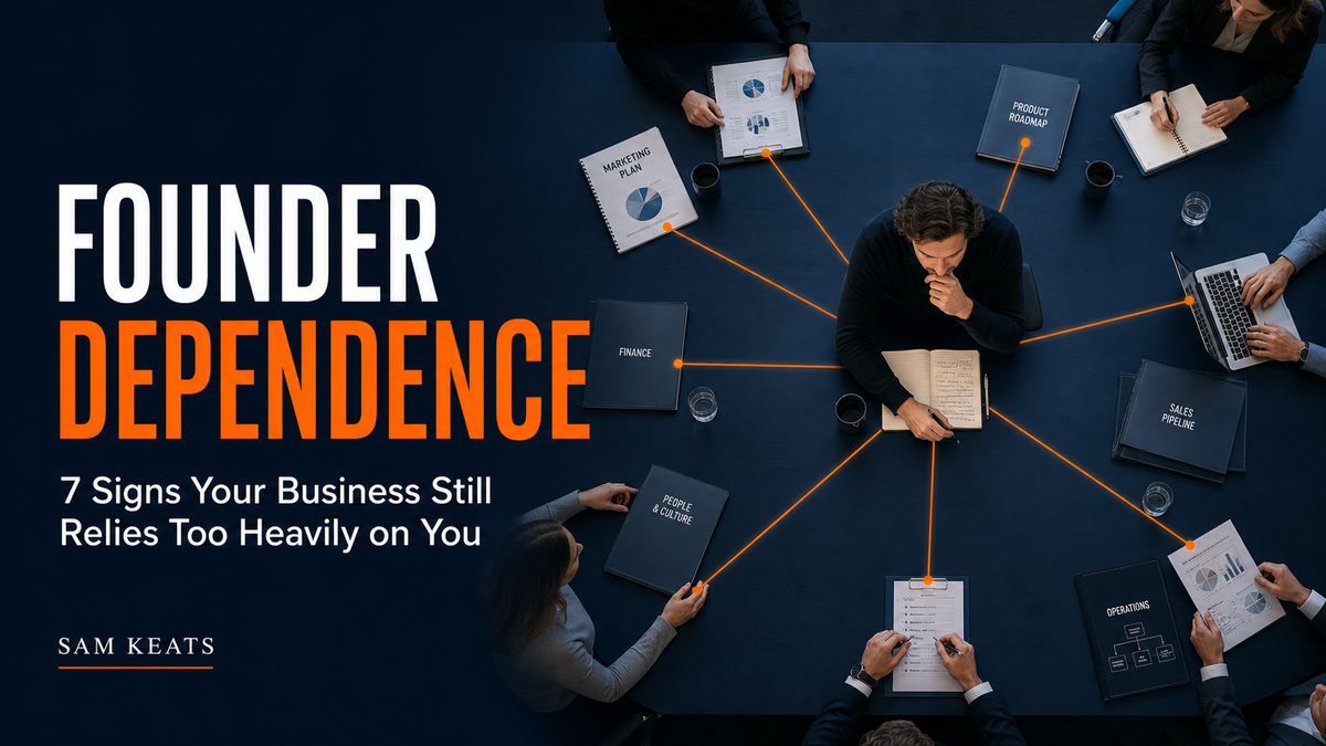 A founder at the centre of a leadership-team table with seven business functions and decisions relying on that one person.