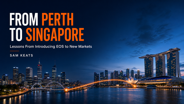 Perth and Singapore skylines representing Sam Keats’ experience implementing EOS with leadership teams in both markets.
