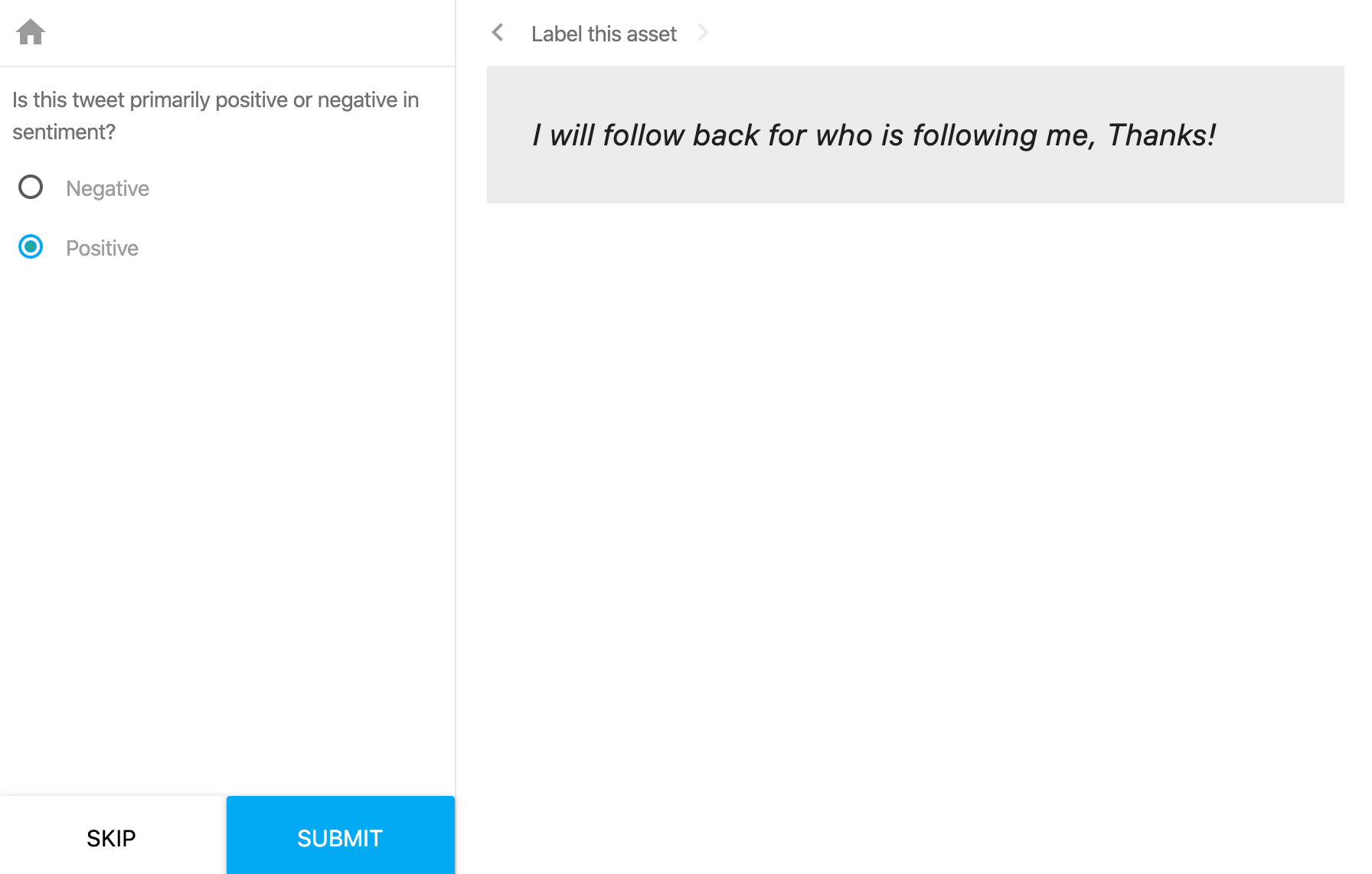 Classifying tweet text in Labelbox as either positive or negative.
