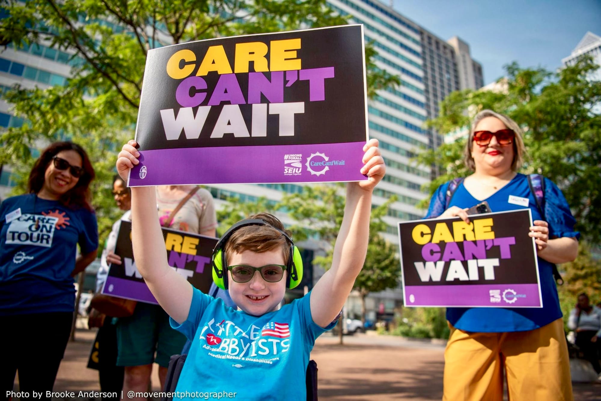 Photo of Little Lobbyist Cole in Pennsylvania holding up a sign that says “Care Can’t Wait.”