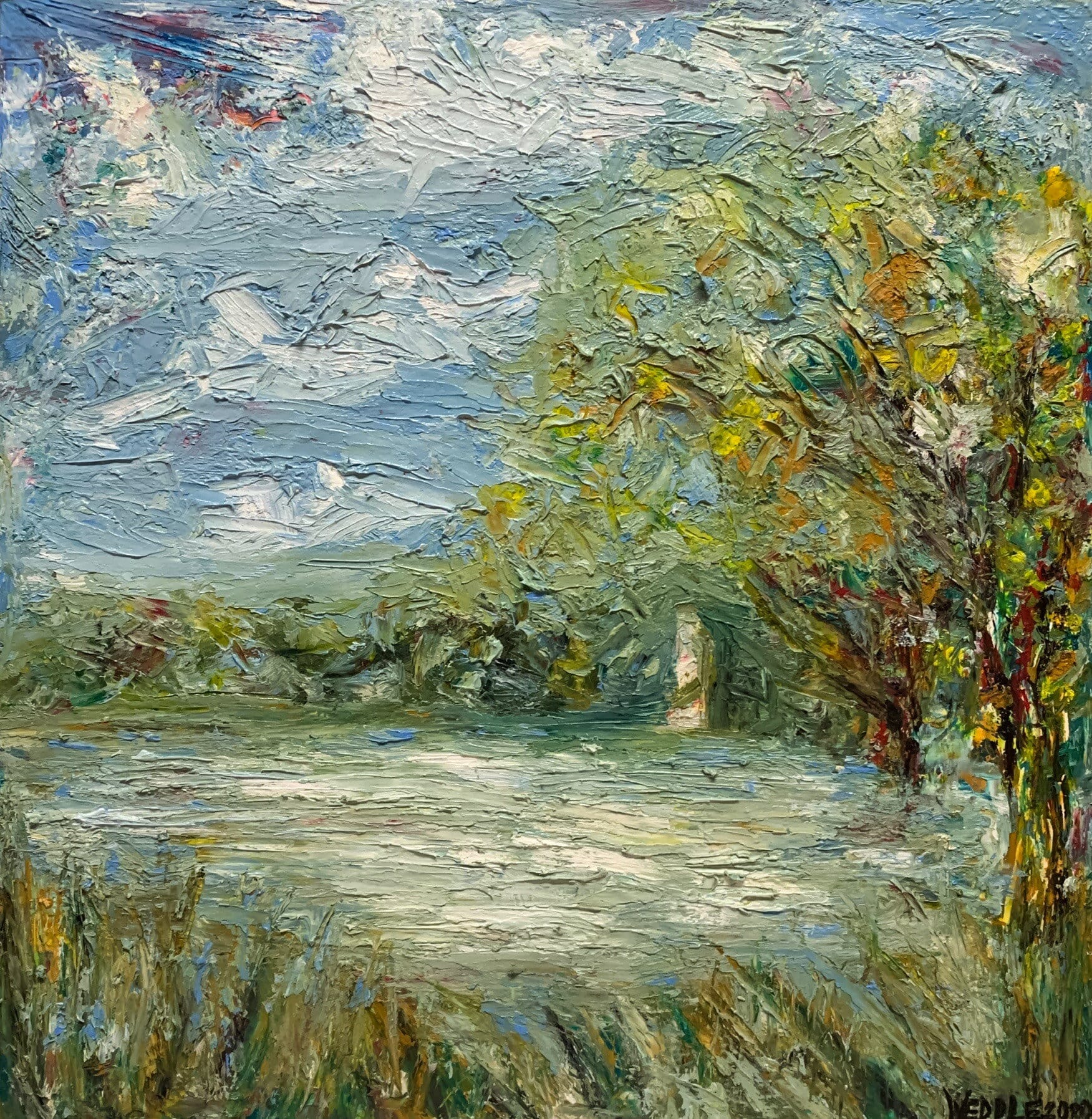 “Woodlawn Lake, Early Autumn,” Sennelier Oil Sticks and Cold Wax Painting on Wood Panel, 10x10 inches, 2020. [image description: Impressionist techniques depict a pond with vegetation surrounding it, tall trees to the right, and clouds in the sky upper left. Brushstrokes are prominent.]