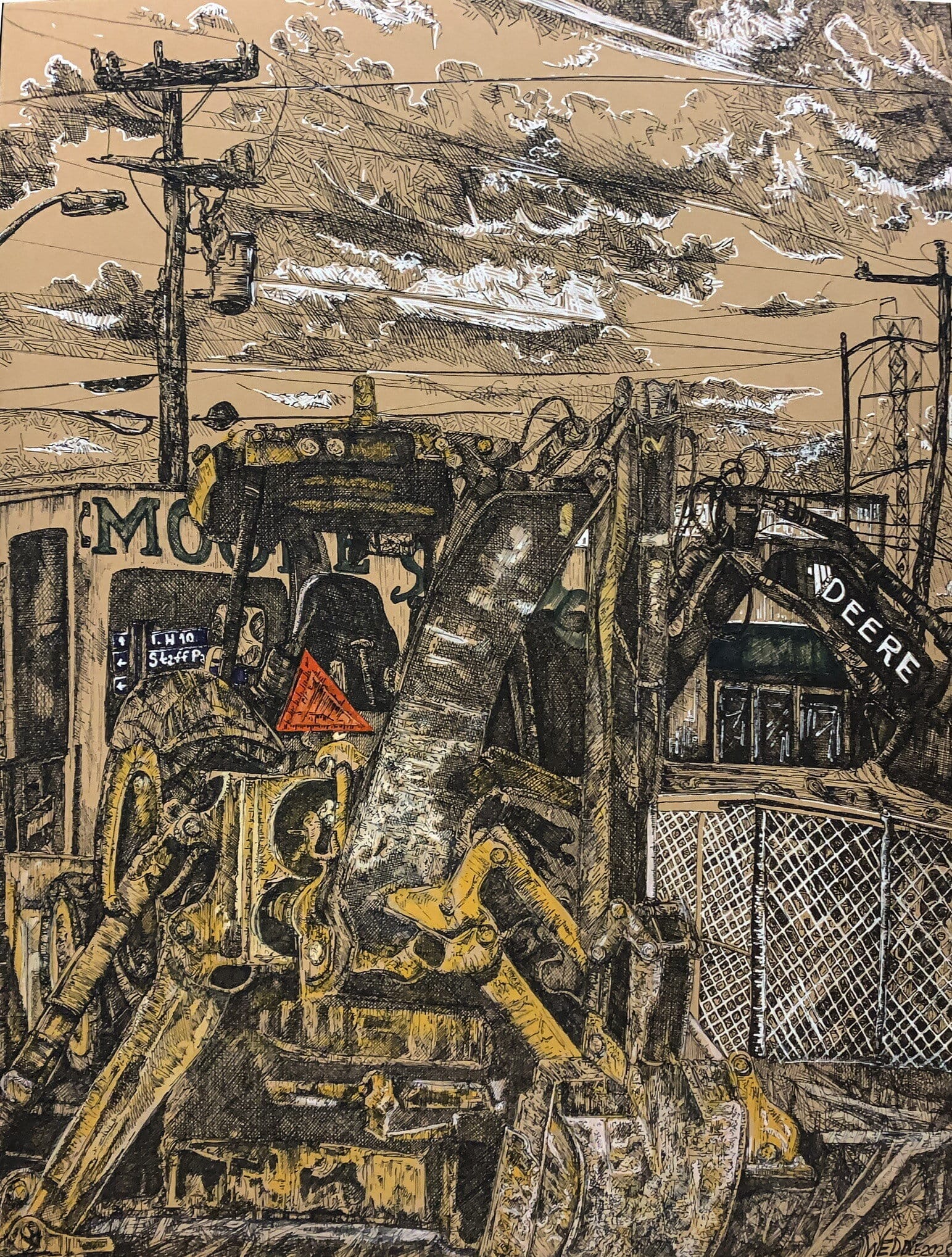 “Progress,” Pen and Ink Drawing, White gel pen, Artgraf ocher, graphite, and white washes, Micron colored pens, on Stonehenge Archival Kraft Paper, 11x14 inches, 2020. [image description: Construction equipment in yellow &amp; brown in foreground, alongside fence. Telephone wires above, and storefront visible in background.]