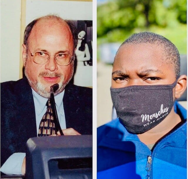 On the left, Sandra’s father. On the right, her son. [Image description: A split screen shows, left, an older white man with glasses, suit and tie, speaking into a microphone. To the right is an image of a black child wearing a black face mask and a…