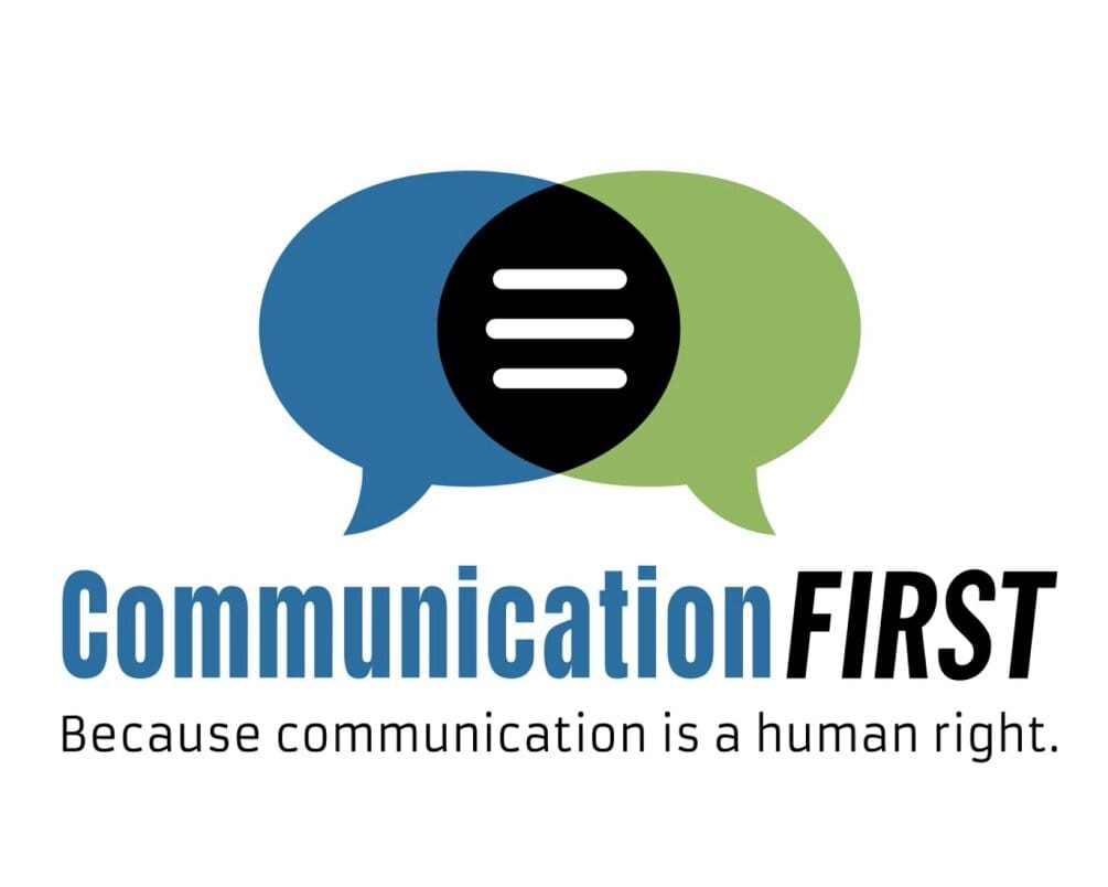 Image of the Communication FIRST logo, blue and green speech bubble icons intersecting. The intersection is black with white lines that symbolize text.