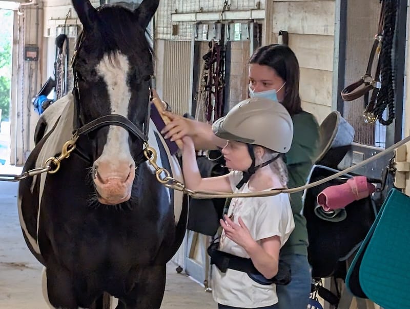 Emma brushing a house with an aide.