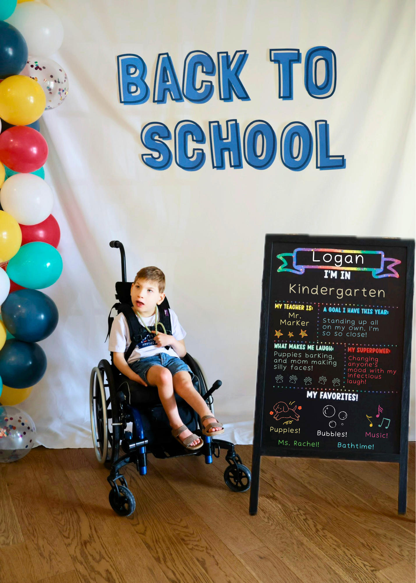 A smiling white child in his wheelchair next to a board highlighting his favorite activities, superpower, teacher, and goals for kindergarten.