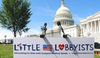 A podium in front of the Capitol with the Little Lobbyists logo and microphones.