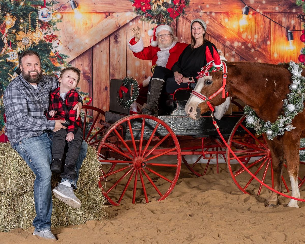 Theo, Josh, Courtney, and Sherman the horse with Santa in a holiday photoshoot.