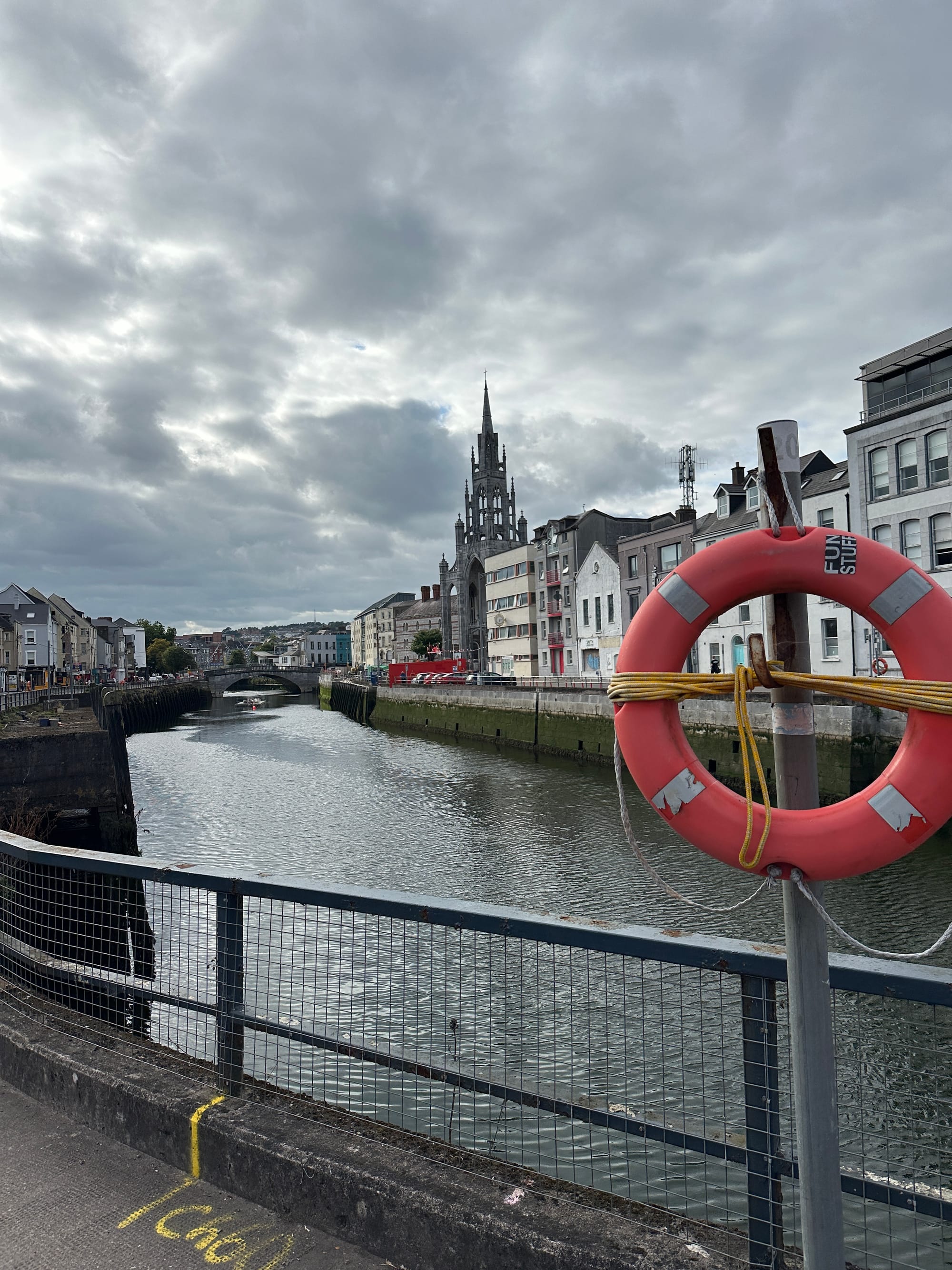 A view of the River Lee in cork with a life preserver and many buildings, including St. Finbarr's Cathedral