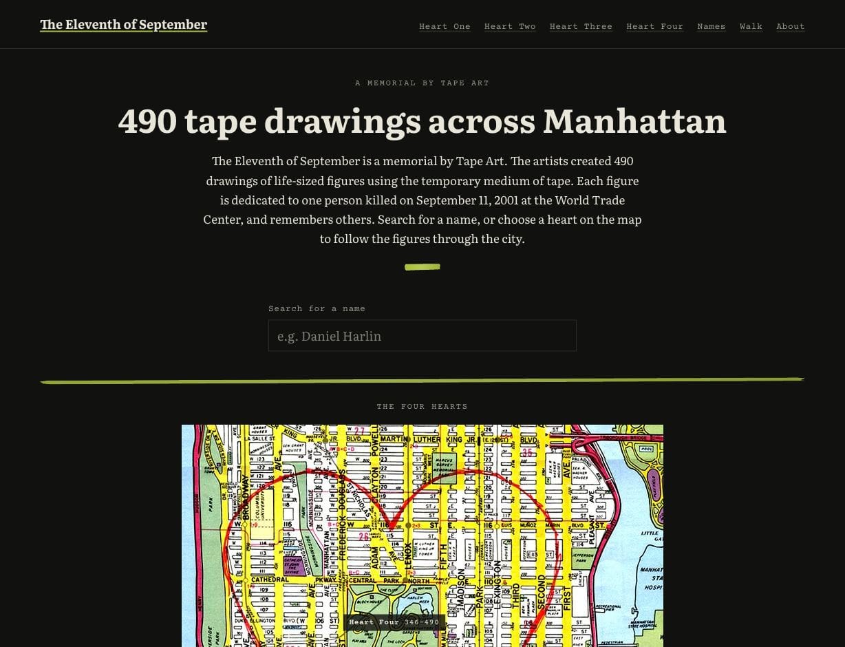 The rebuilt Eleventh of September homepage, with a tape-inspired title, name search, and map of the four hearts.