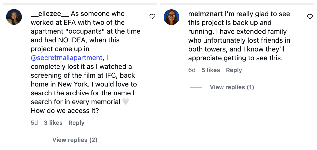 Two Instagram comments side by side: __ellezee__ hopes to search for the name they look for in every memorial; melmznart says relatives who lost friends in both towers will appreciate the restored archive.