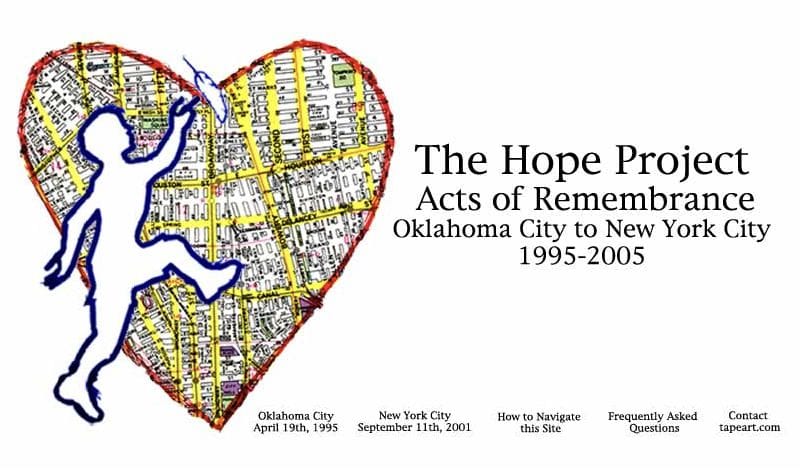 The original Hope Project homepage, with a silhouette, heart-shaped route map, and links to its Oklahoma City and New York City memorials.