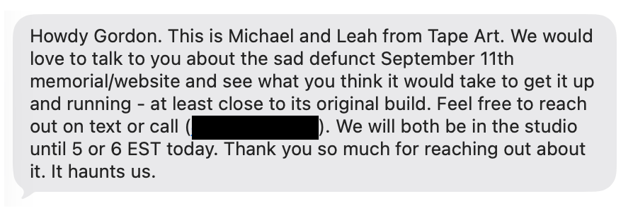 Mike and Leah's reply welcoming help restoring the memorial website, ending with the words: It haunts us.