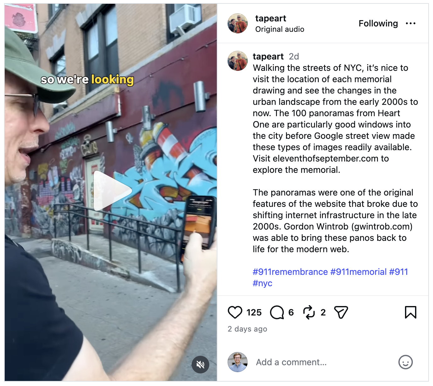 Mike stands outside a Manhattan storefront holding a phone displaying a restored panorama of the same location.
