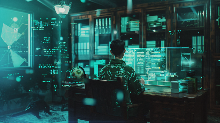 A futuristic study room with a person wearing a green jacket