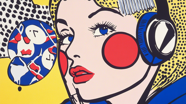 Roy Lichtenstein inspired painting of woman in headphones